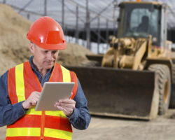 A royalty free image from the construction industry of a construction worker using a tablet computer at a construction site.